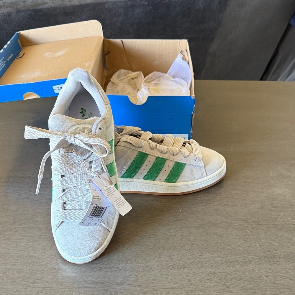 adidas Men’s Grey Suede Sneakers with Green Stripes
